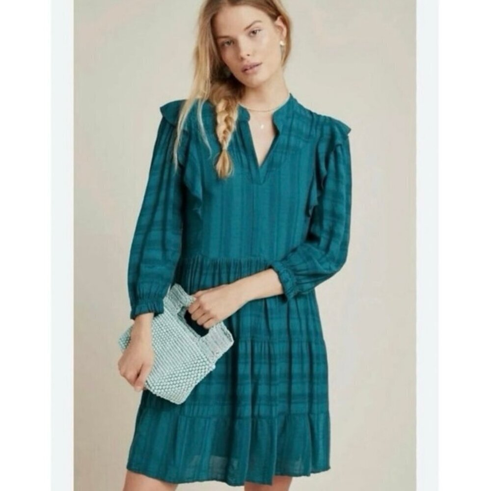 Anthropologie Amadi Rossi Ruffled Tunic Dress Size XS Teal Green Mini Boho